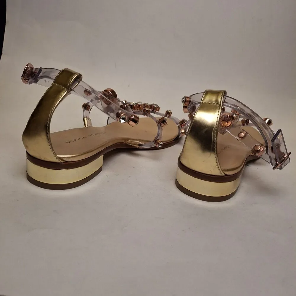 Sophia Webster Gold Dina Flat Sandal Women US5.5/ 36 Gem Studded Summer Vacation